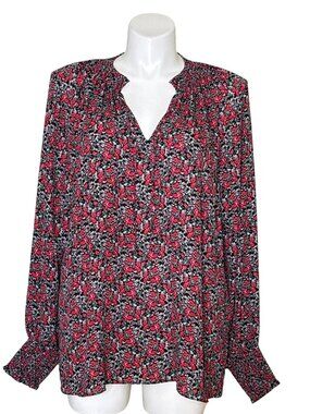NYDJ Women's Red Black Tie-Neck Floral Blouse, Long Sleeve Smocked Cuff Size 1X